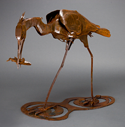Abraxas Crow - steel Heron With Fish Sculpture