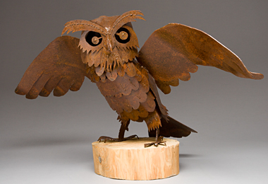 Abraxas Crow - steel Open-Winged Horned Owl Sculpture